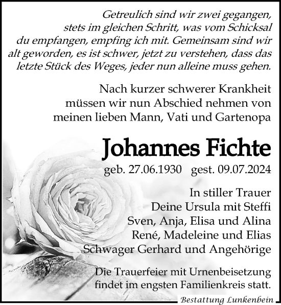 Traueranzeige von Johannes Fichte von Leipziger Volkszeitung