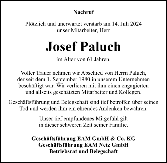 Traueranzeige von Josef Paluch von Göttinger Tageblatt