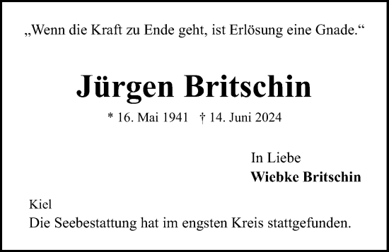 Traueranzeige von Jürgen Britschin von Kieler Nachrichten