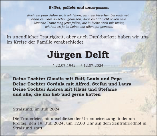 Traueranzeige von Jürgen Delft von Ostsee-Zeitung GmbH