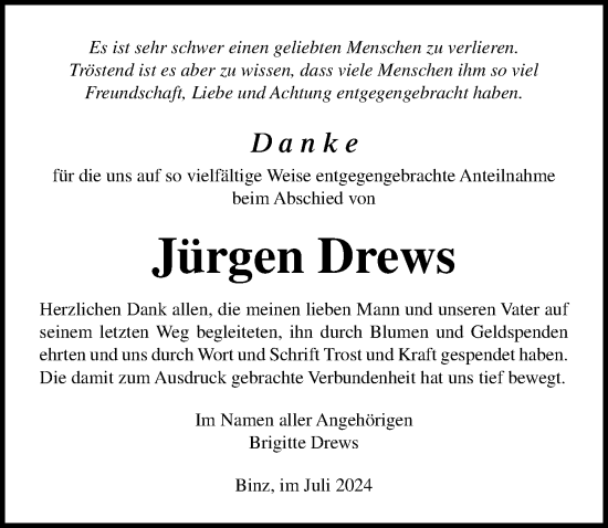 Traueranzeige von Jürgen Drews von Ostsee-Zeitung GmbH