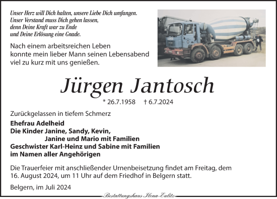 Traueranzeige von Jürgen Jantosch von Torgauer Zeitung