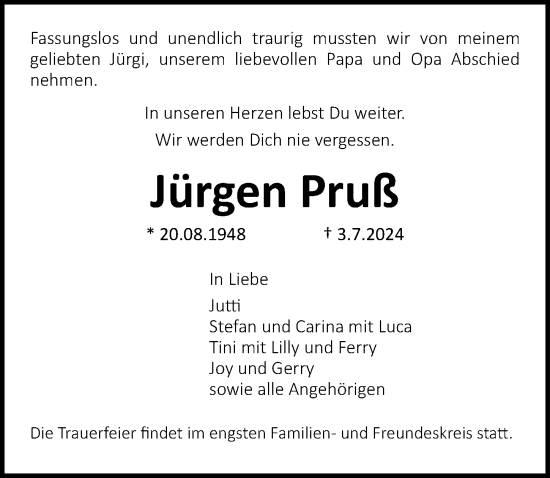 Traueranzeige von Jürgen Pruß von Lübecker Nachrichten