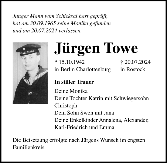 Traueranzeige von Jürgen Towe von Ostsee-Zeitung GmbH