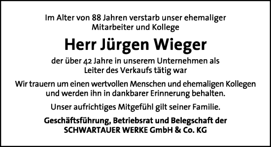 Traueranzeige von Jürgen Wieger von Lübecker Nachrichten