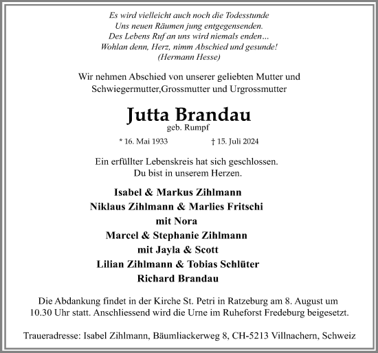 Traueranzeige von Jutta Brandau von Lübecker Nachrichten
