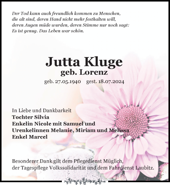 Traueranzeige von Jutta Kluge von Leipziger Volkszeitung