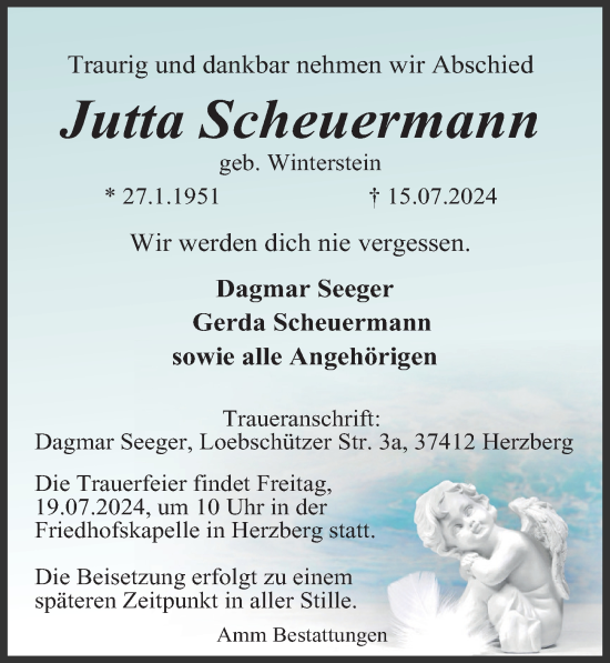 Traueranzeige von Jutta Scheuermann von Göttinger Tageblatt