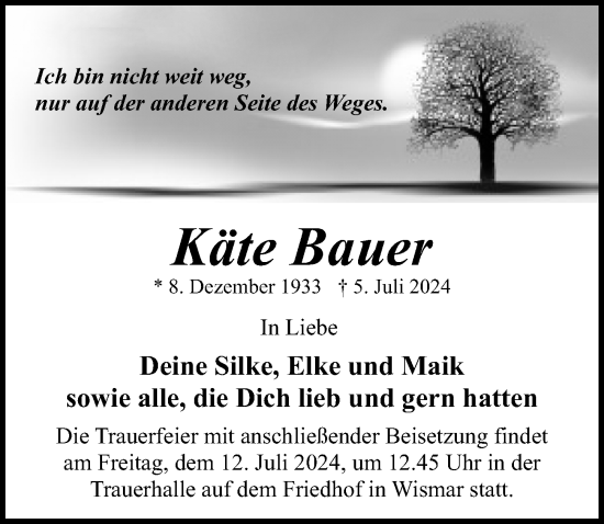 Traueranzeige von Käte Bauer von Ostsee-Zeitung GmbH