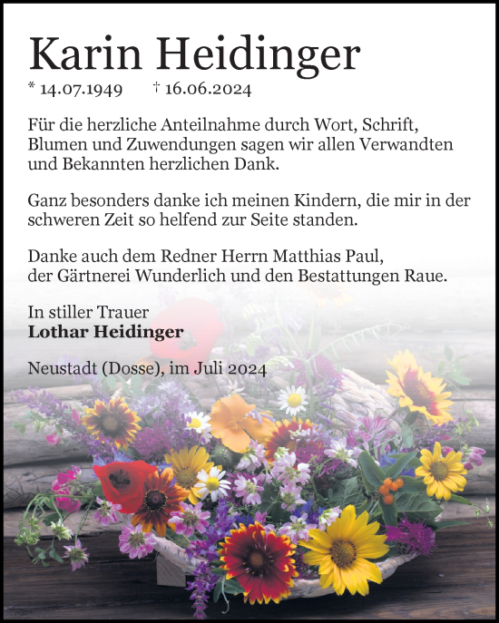 Traueranzeige von Karin Heidinger von Wochenspiegel