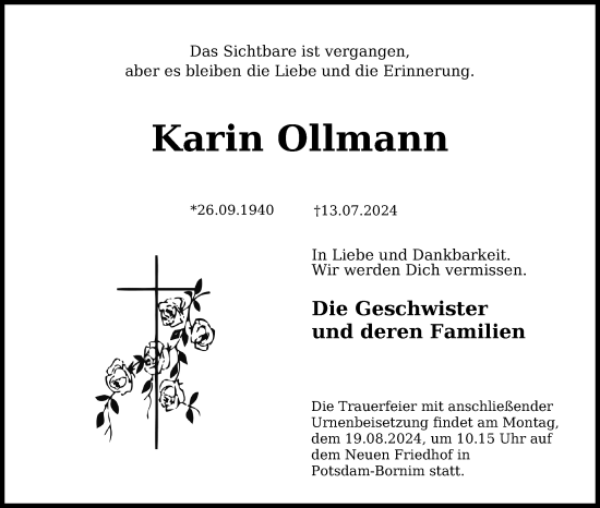 Traueranzeige von Karin Ollmann von Märkischen Allgemeine Zeitung