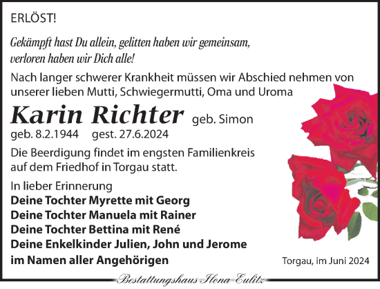 Traueranzeige von Karin Richter von Torgauer Zeitung