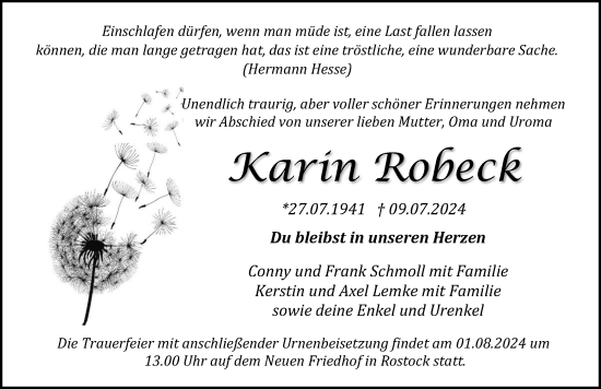 Traueranzeige von Karin Robeck von Ostsee-Zeitung GmbH