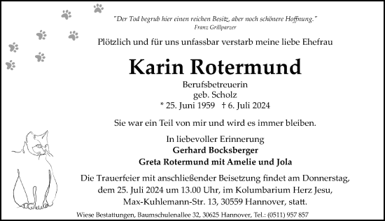 Traueranzeige von Karin Rotermund von Hannoversche Allgemeine Zeitung/Neue Presse