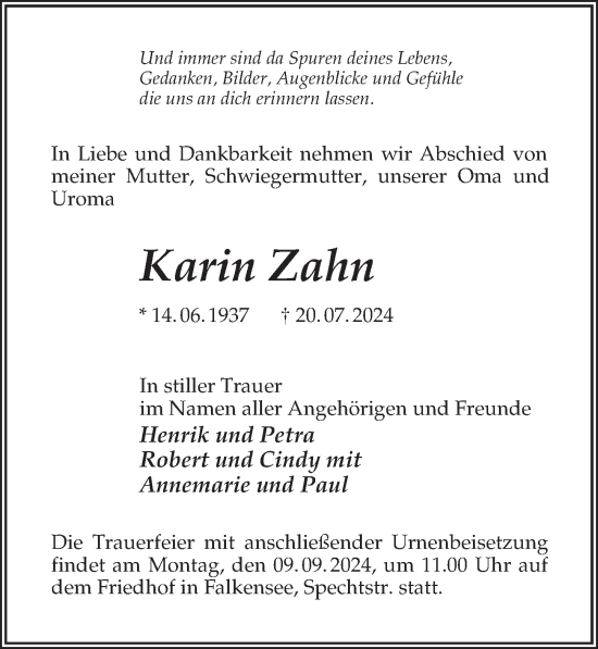 Traueranzeige von Karin Zahn von Märkischen Allgemeine Zeitung