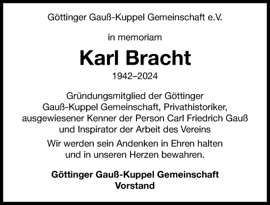 Traueranzeige von Karl Bracht von Göttinger Tageblatt