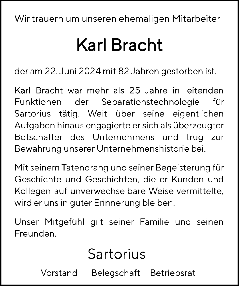  Traueranzeige für Karl Bracht vom 06.07.2024 aus Göttinger Tageblatt