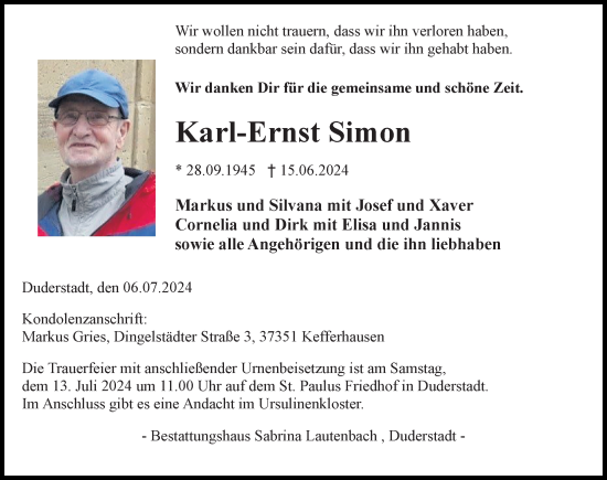 Traueranzeige von Karl-Ernst Simon von Eichsfelder Tageblatt