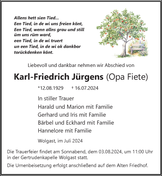 Traueranzeige von Karl-Friedrich Jürgens von Ostsee-Zeitung GmbH