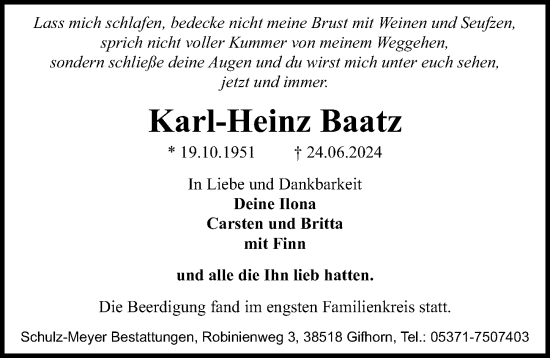 Traueranzeige von Karl-Heinz Baatz von Aller Zeitung