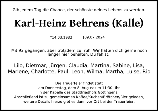 Traueranzeige von Karl-Heinz Behrens von Göttinger Tageblatt