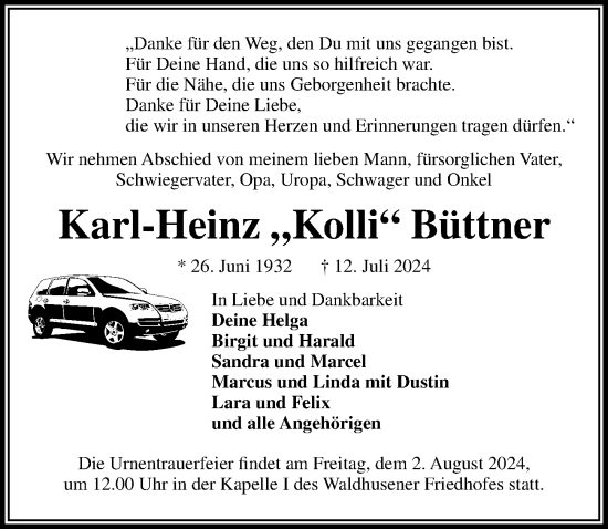 Traueranzeige von Karl-Heinz Büttner von Lübecker Nachrichten