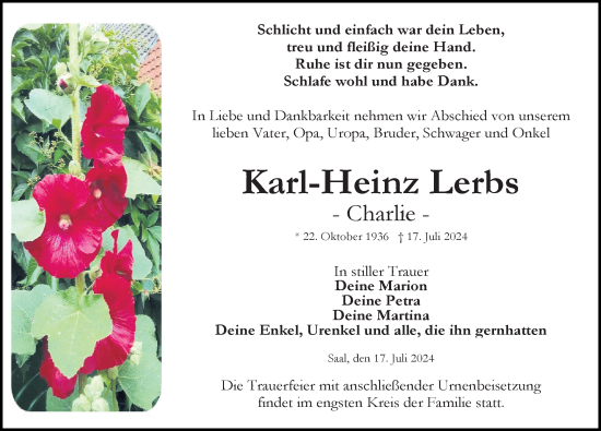 Traueranzeige von Karl-Heinz Lerbs von Ostsee-Zeitung GmbH