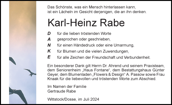 Traueranzeige von Karl-Heinz Rabe von Wochenspiegel