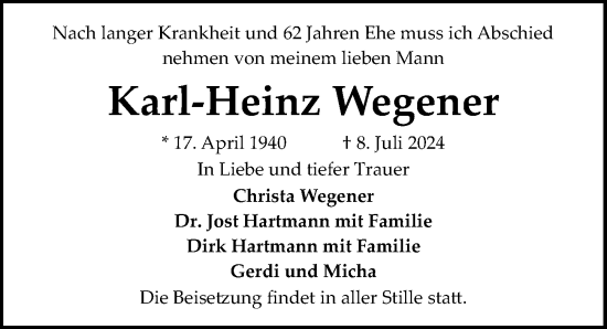 Traueranzeige von Karl-Heinz Wegener von Hannoversche Allgemeine Zeitung/Neue Presse