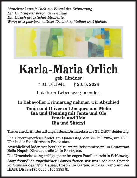 Traueranzeige von Karla-Maria Orlich von Kieler Nachrichten