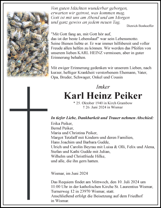 Traueranzeige von Karl Heinz Peiker von Ostsee-Zeitung GmbH
