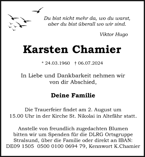 Traueranzeige von Karsten Chamier von Ostsee-Zeitung GmbH