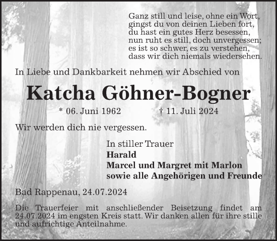 Traueranzeige von Katcha Göhner-Bogner von Aller Zeitung