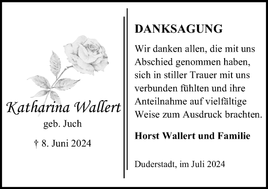 Traueranzeige von Katharina Wallert von Eichsfelder Tageblatt