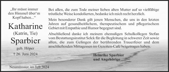 Traueranzeige von Katharine Sparbier von Kieler Nachrichten