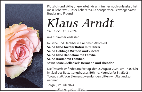 Traueranzeige von Klaus Arndt von Torgauer Zeitung