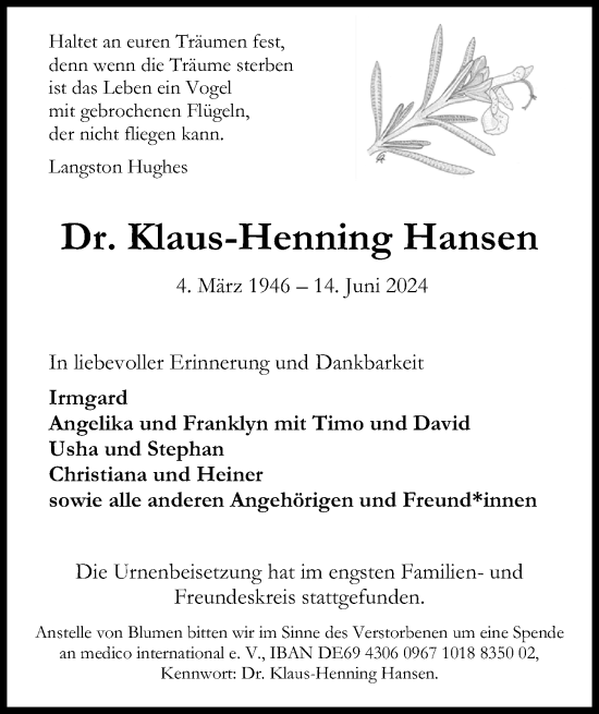 Traueranzeige von Klaus-Henning Hansen von Kieler Nachrichten