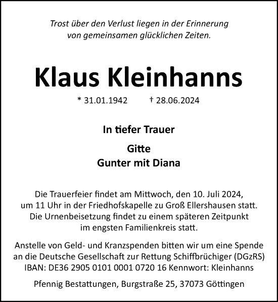 Traueranzeige von Klaus Kleinhanns von Göttinger Tageblatt