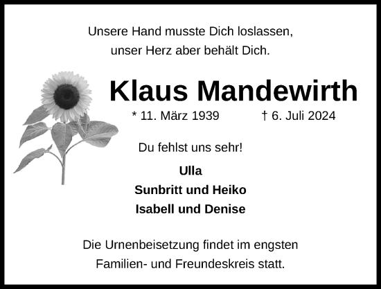 Traueranzeige von Klaus Mandewirth von Kieler Nachrichten