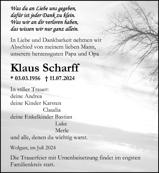 Traueranzeige von Klaus Scharff von Ostsee-Zeitung GmbH
