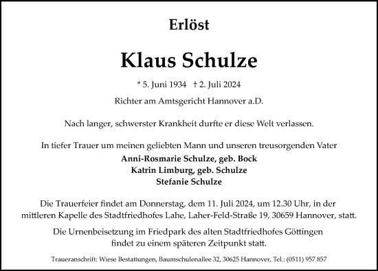 Traueranzeige von Klaus Schulze von Hannoversche Allgemeine Zeitung/Neue Presse