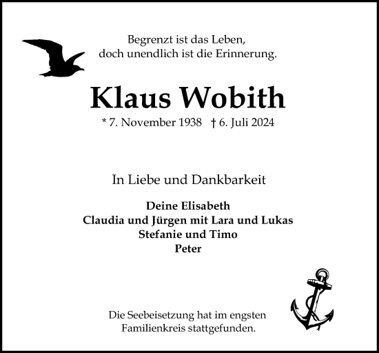 Traueranzeige von Klaus Wobith von Kieler Nachrichten