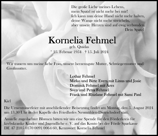 Traueranzeige von Kornelia Fehmel von Kieler Nachrichten