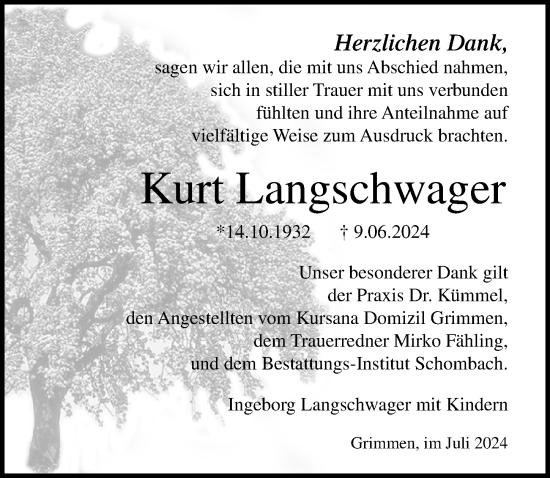 Traueranzeige von Kurt Langschwager von Ostsee-Zeitung GmbH