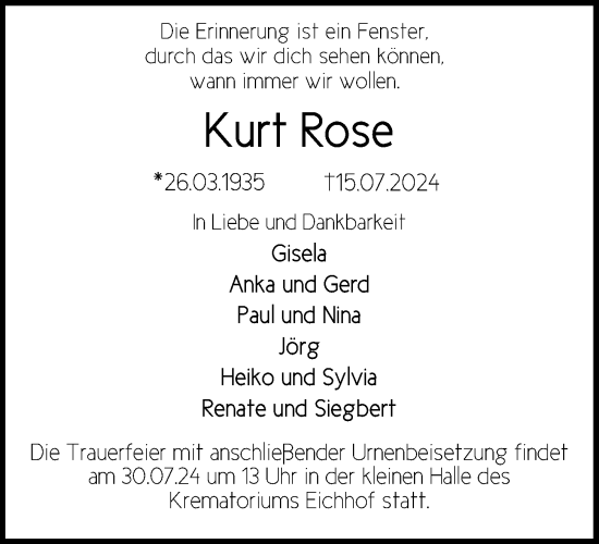 Traueranzeige von Kurt Rose von Kieler Nachrichten