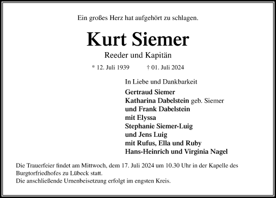 Traueranzeige von Kurt Siemer von Lübecker Nachrichten