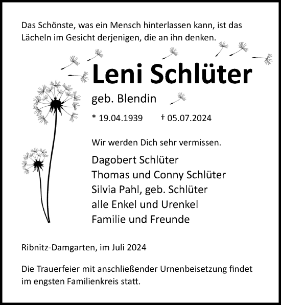 Traueranzeige von Leni Schlüter von Ostsee-Zeitung GmbH