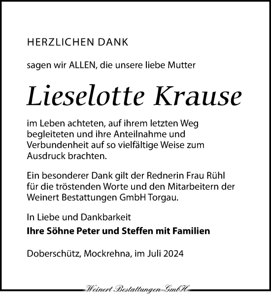 Traueranzeige von Lieselotte Krause von Torgauer Zeitung