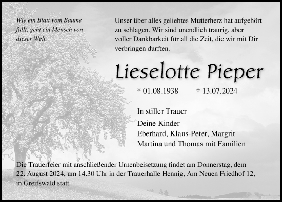 Traueranzeige von Lieselotte Pieper von Ostsee-Zeitung GmbH