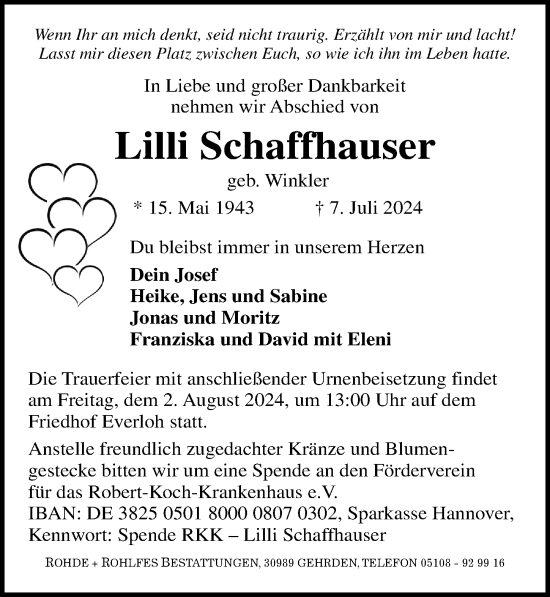Traueranzeige von Lilli Schaffhauser von Hannoversche Allgemeine Zeitung/Neue Presse